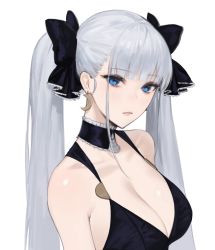 Rule 34 | 1girl, black bow, black dress, blue eyes, bow, breasts, cleavage, closed mouth, copyright request, crescent, crescent earrings, dress, earrings, from side, hair bow, highres, jewelry, large breasts, long hair, looking at viewer, oyabuli, solo, twintails, upper body, white hair