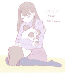 Rule 34 | 1girl, absurdres, black pantyhose, brown hair, closed eyes, closed mouth, commentary request, dated, earrings, full body, highres, hugging object, jewelry, long hair, long sleeves, no shoes, original, pantyhose, purple shirt, purple skirt, shirt, sitting, skirt, solo, stuffed animal, stuffed panda, stuffed toy, twitter username, wariza, yuri kyanon