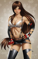 Rule 34 | 1990s (style), 1girl, absurdres, ahoge, black thighhighs, blush, breasts, brown eyes, brown hair, cleavage, contrapposto, covered erect nipples, elbow gloves, final fantasy, final fantasy vii, fingerless gloves, gloves, hand on own hip, highres, juan romero, long hair, looking at viewer, midriff, miniskirt, navel, panties, pantyshot, retro artstyle, skirt, solo, standing, suspenders, thighhighs, tifa lockhart, toned, torn clothes, torn thighhighs, underwear, very long hair, white panties