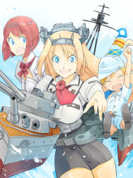 Rule 34 | 3girls, adapted turret, anchor symbol, anger vein, ark royal (kancolle), blonde hair, blue eyes, blunt bangs, bob cut, breasts, cannon, cleavage cutout, clothing cutout, commentary request, covered navel, cowboy shot, female admiral (kancolle), flat cap, flower, hairband, hat, inui (jt1116), kantai collection, large breasts, little girl admiral (kancolle), long hair, long sleeves, machinery, mast, military, military uniform, multiple girls, naval flag, nelson (kancolle), one eye closed, open mouth, pencil skirt, red flower, red hair, red rose, rose, short hair, skirt, tiara, turret, uniform