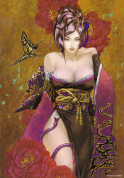 Rule 34 | 1girl, absurdres, artist name, bare shoulders, breasts, bug, butterfly, cleavage, detached sleeves, flower, hair up, highres, bug, japanese clothes, kimono, kojima ayami, large breasts, mole, nouhime (sengoku musou), official art, sengoku musou, sengoku musou 3, snake, solo