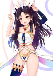 Rule 34 | 1girl, absurdres, animal ears, asymmetrical legwear, asymmetrical sleeves, bad id, bad pixiv id, bare shoulders, black hair, black thighhighs, blush, breasts, bunny ears prank, catnnn, cleavage, collarbone, commentary request, crown, detached collar, earrings, elbow gloves, fate/grand order, fate (series), gloves, hair ribbon, hands up, highres, hoop earrings, ishtar (fate), jewelry, long hair, looking at viewer, medium breasts, navel, neck ring, open mouth, parted bangs, rabbit ears, red eyes, ribbon, single elbow glove, single thighhigh, sleeveless, smile, solo, standing, strapless, thighhighs, two side up, uneven legwear, uneven sleeves