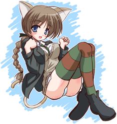 Rule 34 | 00s, 1girl, animal ears, blush, braid, cat ears, cat tail, lynette bishop, panties, single braid, solo, strike witches, tail, thighhighs, underwear, white panties, world witches series, yamu (reverse noise)