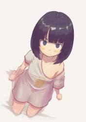Rule 34 | 1girl, absurdres, black hair, blunt bangs, blush, closed mouth, collarbone, flat chest, highres, himenogi rinze, looking at viewer, love r, medium hair, nipple slip, nipples, oversized clothes, oversized shirt, saisho no nakama, shirt, simple background, solo