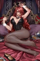 Rule 34 | 1girl, absurdres, animal ears, ass, bed, bed frame, bow, bowtie, breasts, cleavage, detached collar, fake animal ears, hair over one eye, highres, kirijou mitsuru, large breasts, leotard, long hair, meister staze, pantyhose, persona, persona 3, pillow, playboy bunny, rabbit ears, red hair, sitting, smile, solo, strapless, strapless leotard, wavy hair