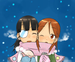 Rule 34 | 00s, 2girls, drink, eyepatch, gloves, kumichou (kumichoubox), lowres, minna-dietlinde wilcke, multiple girls, one eye closed, sakamoto mio, scarf, shared clothes, shared scarf, snow, strike witches, wink, world witches series, yuri