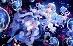 Rule 34 | &gt; &lt;, &gt;o&lt;, 1girl, ahoge, anklet, asymmetrical legwear, bloomers, blue eyes, blue hair, bow, breasts, bubble, collarbone, commentary request, coral reef, dark background, detached sleeves, dress, fish, floating clothes, floating hair, gem, glowing, glowing hair, highres, jellyfish, jewelry, long hair, looking at viewer, medium breasts, multicolored hair, nardack, necklace, original, outstretched arms, shoes, sleeveless, sleeveless dress, smile, spread arms, thighhighs, thighlet, underwater, underwear, white hair