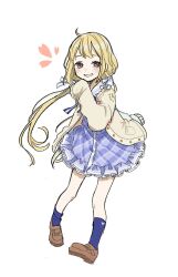 Rule 34 | 1girl, blonde hair, blue dress, blue socks, blush, brown eyes, brown footwear, cardigan, collared dress, commentary request, dress, frilled dress, frills, full body, futaba anzu, highres, idolmaster, idolmaster cinderella girls, long hair, looking at viewer, open cardigan, open clothes, plaid, plaid dress, simple background, sketch, sks (s3 rosquilla), sleeves past fingers, sleeves past wrists, smile, socks, solo, twintails, white background