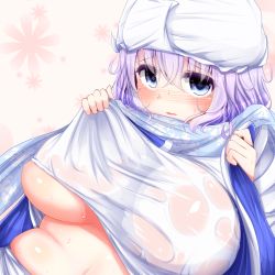 Rule 34 | 1girl, bad id, bad pixiv id, blue eyes, blush, breasts, clothes lift, curvy, eyes visible through hair, fat rolls, hat, huge breasts, large breasts, letty whiterock, light purple hair, looking at viewer, nose blush, open mouth, parted lips, plump, scarf, see-through, shiro oolong-cha, shirt, shirt lift, short hair, skindentation, snowflake print, solo, symbol-shaped pupils, touhou, wet, wet clothes, wet shirt, white shirt, yuki onna