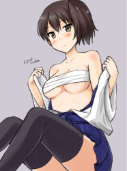 Rule 34 | 10s, 1girl, bad id, bad pixiv id, bare shoulders, black thighhighs, blue skirt, blush, breasts, brown eyes, brown hair, cleavage, japanese clothes, kaga (kancolle), kantai collection, off shoulder, pleated skirt, sarashi, short hair, side ponytail, sitting, skirt, solo, thighhighs, twitter username, underboob, yuuki kazuhito