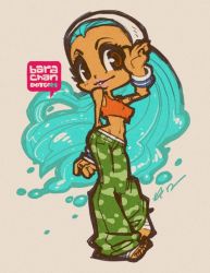 Rule 34 | 1girl, artist request, bare arms, bare shoulders, blue hair, breasts, brown eyes, bust a groove, camouflage, camouflage pants, chibi, facing viewer, frida, full body, game console, green hair, hairband, long hair, looking at viewer, midriff, navel, orange shirt, pants, pink lips, pinned back, shirt, simple background, small breasts, smile, solo, speech bubble, square enix, standing, tank top, very long hair, watermark, web address, white hairband