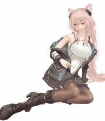 Rule 34 | 1girl, animal ear fluff, animal ears, arknights, armor, barcode, barcode tattoo, blush, boots, breastplate, breasts, brown eyes, brown jacket, brown thighhighs, commentary request, earpiece, gravel (arknights), hair between eyes, highres, infection monitor (arknights), jacket, lips, long hair, long sleeves, looking at viewer, maho (drmaho1), medium breasts, medium hair, mouse ears, mouse girl, open clothes, open jacket, open mouth, pantyhose, partial bodysuit, pink hair, sitting, smile, solo, tail, tattoo, thighhighs, very long hair, white background, yokozuwari