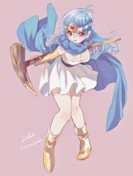 Rule 34 | 1girl, amezawa koma, blue cape, blue hair, boots, breasts, cape, circlet, cleavage, commentary, dated, dragon quest, dragon quest iii, dress, elbow gloves, gloves, grey background, highres, holding, holding behind back, holding staff, leaning forward, long hair, looking at viewer, medium breasts, holding behind back, open mouth, red eyes, redrawn, sage (dq3), short dress, simple background, smile, solo, staff, standing, strapless, strapless dress, twitter username, white dress, yellow footwear, yellow gloves, yellow headwear