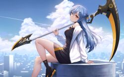 Rule 34 | 1girl, black footwear, blue hair, blue sky, braid, breasts, cityscape, closed mouth, cloud, commission, contrail, day, from side, holding, holding scythe, holding weapon, jacket, knee up, kneehighs, long hair, long sleeves, looking at viewer, looking to the side, medium breasts, off shoulder, one side up, open clothes, open jacket, orange eyes, original, outdoors, scythe, signature, sion (9117), sitting, skeb commission, sky, smile, socks, solo, unzipped, weapon, white jacket