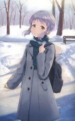Rule 34 | 1girl, backpack, bag, bench, buttons, coat, commentary, highres, idolmaster, idolmaster million live!, long sleeves, looking at viewer, makabe mizuki, park bench, plaid, plaid scarf, purple hair, razi, scarf, short hair, sidelocks, snow, solo, tree, yellow eyes