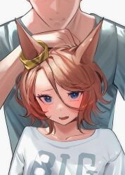 Rule 34 | 1boy, 1girl, animal ears, blue eyes, blue shirt, blush, brown hair, closed mouth, commentary request, ear ornament, headpat, height difference, highres, horse ears, horse girl, long sleeves, lower teeth only, narita taishin (umamusume), open mouth, shirt, short sleeves, simple background, smile, solokitsune, sweat, teeth, umamusume, upper body, white background, white shirt