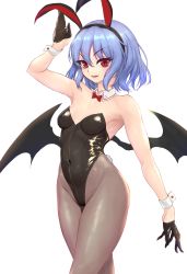 Rule 34 | 1girl, alternate costume, animal ears, arm up, bare arms, bare shoulders, bat wings, black gloves, black hairband, black leotard, black pantyhose, black wings, blue hair, bow, bowtie, breasts, covered navel, detached collar, fake animal ears, fang, gloves, hairband, half gloves, highres, leotard, looking at viewer, medium hair, pantyhose, parted lips, playboy bunny, rabbit ears, rabbit tail, red bow, red bowtie, red eyes, remilia scarlet, simple background, small breasts, solo, sudako (dai011305), tail, touhou, white background, wings, wrist cuffs