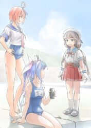 Rule 34 | 3girls, ahoge, blue hair, blue one-piece swimsuit, blue sailor collar, breasts, can, commentary request, energy drink, gloves, green eyes, grey hair, hair ornament, hair ribbon, hands on own hips, hat, highres, i-19 (kancolle), i-58 (kancolle), kantai collection, long hair, low twintails, medium breasts, mikura (kancolle), monster energy, multiple girls, name connection, neckerchief, old school swimsuit, one-piece swimsuit, pink hair, pink neckerchief, pleated skirt, puffy short sleeves, puffy sleeves, red eyes, red skirt, ribbon, sailor collar, sailor hat, sailor shirt, school swimsuit, school uniform, serafuku, shirt, short sleeves, skirt, standing, swimsuit, swimsuit under clothes, taruya, tri tails, twintails, white gloves, white headwear, white shirt