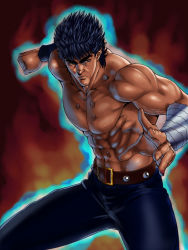 Rule 34 | 1boy, alternate hair color, armband, aura, belt, blue eyes, blue hair, clenched hand, daisuke (ilovetennis), denim, fighting stance, frown, hokuto no ken, kenshiro, looking away, looking to the side, male focus, muscular, scar, solo, veins
