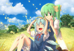 Rule 34 | 2girls, ^ ^, bloomers, blue hair, bow, cirno, closed eyes, daiyousei, day, closed eyes, flower, friends, green eyes, green hair, head wreath, headband, hidori (hibi toridori), landscape, laughing, looking down, meadow, mountain, multiple girls, nature, open mouth, outdoors, petals, ribbon, short hair, side ponytail, smile, embodiment of scarlet devil, touhou, underwear, wings