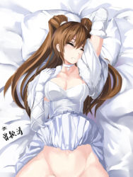 Rule 34 | 10s, 1girl, 463 jun, arm up, bed, breasts, brown hair, capelet, closed eyes, clothes lift, dress, dress lift, female focus, gloves, groin, jewelry, large breasts, long hair, lying, necklace, ogiso setsuna, on back, open clothes, open vest, out-of-frame censoring, pillow, skirt, skirt lift, sleeping, solo, strapless, strapless dress, two side up, vest, white album (series), white album 2, white dress, white gloves
