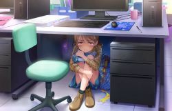 Rule 34 | &gt;:(, 10s, 1girl, artist request, blonde hair, blush, brown eyes, computer, cup, frown, idolmaster, idolmaster cinderella girls, idolmaster cinderella girls starlight stage, looking at viewer, morikubo nono, mug, official art, solo, tears, tile floor, tiles, under table, v-shaped eyebrows