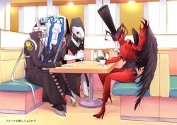 Rule 34 | 10s, arsene (persona 5), ascot, bad id, bad twitter id, beckoning, black coat, black wings, booth seating, clothed robot, coat, coffee cup, crossover, crushing, cup, diner, disposable cup, drinking glass, gloves, hat, high heels, izanagi (persona 4), jacket, long coat, looking at viewer, no humans, persona, persona 3, persona 4, persona 5, red jacket, robot, saucer, shield, shiweru, sitting, thanatos (persona), top hat, white gloves, wings, yellow eyes