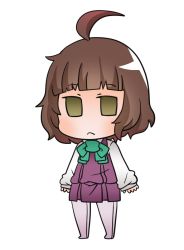Rule 34 | 1girl, ahoge, blush, brown eyes, brown hair, chibi, closed mouth, dress, full body, green background, gurageida, kantai collection, kishinami (kancolle), long sleeves, looking at viewer, no shoes, pantyhose, purple dress, purple pantyhose, shirt, simple background, sleeveless, sleeveless dress, sleeves past wrists, solo, standing, white background, white shirt