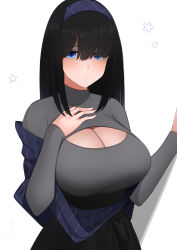 Rule 34 | 1girl, black hair, black skirt, blue eyes, blush, breasts, cleavage, cleavage cutout, clothing cutout, grey sweater, hairband, hand on own chest, high-waist skirt, highres, huge breasts, idolmaster, idolmaster cinderella girls, long hair, long sleeves, looking at viewer, meme attire, open-chest sweater, sagisawa fumika, senju (snz0), shawl, simple background, skirt, solo, star (symbol), sweater, white background