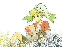 Rule 34 | 1boy, 2others, blonde hair, chocomon, digimon, digimon (creature), fang, flower, highres, horns, lopmon, multiple others, short hair, smile, wallace (digimon)