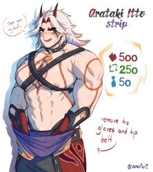 Rule 34 | 1boy, abs, absurdres, alternate muscle size, arataki itto, bara, blush, body markings, bodypaint, chest harness, collar, english text, feet out of frame, genshin impact, harness, highres, horns, jewelry, large pectorals, like and retweet, long hair, male focus, meme, muscular, muscular male, navel, necklace, nipples, oni, oni horns, pectoral press, pectorals, red eyes, red horns, unworn shirt, shy, skindentation, solo, spiked collar, spikes, standing, stomach, thick eyebrows, twitter strip game (meme), undressing, varant art, white background, white hair