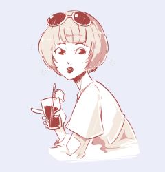 Rule 34 | alcohol, bob cut, drink, layered sleeves, long sleeves, looking at viewer, ohya ichiko, persona, persona 5, plow (witch parfait), short hair, short over long sleeves, short sleeves, smile, sunglasses on head