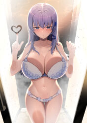 Rule 34 | 1girl, against glass, bathroom, blue eyes, blush, bra, breast press, breasts, breasts on glass, cleavage, commentary request, commission, floral print, glass writing, hase neet, heart, highres, large breasts, lingerie, long hair, navel, original, panties, purple hair, shower (place), skeb commission, solo, thighs, underwear, underwear only, wet, white bra, white panties