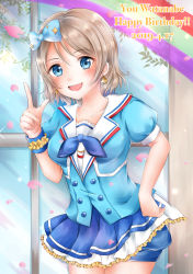 Rule 34 | 1girl, 2019, absurdres, aozora jumping heart, artist request, blue eyes, blue shirt, blue shorts, boots, bow, brown hair, earrings, female focus, frilled skirt, frills, hair bow, hand on own hip, highres, jewelry, knee boots, love live!, love live! sunshine!!, miniskirt, parted bangs, petals, pleated skirt, shirt, short hair, short shorts, short sleeves, shorts, shorts under skirt, skirt, smile, solo, striped clothes, striped thighhighs, thighhighs, watanabe you, white footwear, white skirt