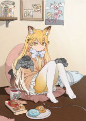 Rule 34 | 10s, 1girl, alpaca suri (kemono friends), animal ears, bow, bowtie, commentary request, controller, cup, dualshock, ezo red fox (kemono friends), food, fox ears, fox tail, fur trim, game controller, gamepad, gloves, highres, jacket, japanese crested ibis (kemono friends), japari bun, kaban (kemono friends), kemono friends, long hair, looking at viewer, lucky beast (kemono friends), mug, necktie, no shoes, pantyhose, plate, playstation controller, pleated skirt, pocky, red hair, serval (kemono friends), sitting on pillow, skirt, solo, tail, ueki yuma