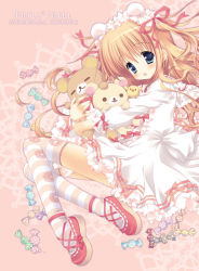 Rule 34 | 1girl, :d, artist name, blonde hair, blue eyes, blush, candy, dress, english text, food, holding, long hair, looking at viewer, maid headdress, morinaga korune, open mouth, original, smile, solo, stuffed animal, stuffed toy, teddy bear, thighhighs, two side up