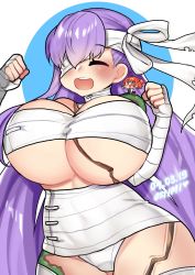 Rule 34 | 1girl, alternate breast size, artist name, bandages, black skirt, blush, breasts, chibi, closed eyes, curvy, dated, fate/extra, fate/extra ccc, fate/grand order, fate (series), fujimaru ritsuka (female), highres, huge breasts, kingprotea (fate), open mouth, orange eyes, orange hair, osiimi, purple hair, shirt, simple background, skirt, white shirt, wide hips