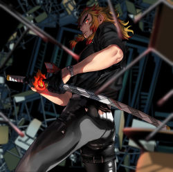 Rule 34 | ass, black gloves, black pants, black shirt, blonde hair, blurry, chair, colored tips, contemporary, cowboy shot, depth of field, desk, dutch angle, flame print, forked eyebrows, from behind, from side, gloves, half gloves, hashimoto (yanagi-momo), holding, holding sword, holding weapon, kimetsu no yaiba, leaning to the side, legs apart, long hair, male focus, multicolored hair, pants, red eyes, red hair, rengoku kyoujurou, school chair, school desk, sheath, shiny clothes, shirt, sidelocks, sleeves rolled up, solo, standing, streaked hair, sword, thigh strap, toned, toned male, unsheathing, watch, weapon, wristwatch