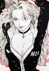 Rule 34 | 1girl, arms up, breasts, choker, cleavage, cross, cross choker, cross earrings, dorohedoro, ear piercing, earrings, jewelry, jumpsuit, long hair, monochrome, noi (dorohedoro), partially unzipped, piercing, red eyes, red lips, smile, so co db, solo, spot color, traditional media, wavy hair