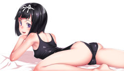 Rule 34 | 1girl, ass, black hair, black one-piece swimsuit, blush, breasts, cameltoe, covered erect nipples, female focus, h kasei, hair ribbon, looking at viewer, lying, on stomach, one-piece swimsuit, original, purple eyes, ribbon, school swimsuit, short hair, simple background, small breasts, smile, solo, swimsuit, white ribbon