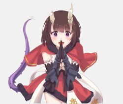 Rule 34 | 1girl, absurdres, bent over, black gloves, breasts, broken horn, brown hair, capelet, cleavage, commentary request, cowboy shot, demon girl, demon horns, demon tail, detached sleeves, dress, ebata kyouhei, eriko (princess connect!), gloves, highres, horns, medium breasts, open mouth, own hands together, princess connect!, purple eyes, red capelet, short dress, smile, solo, spiked tail, tail