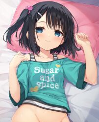 Rule 34 | 1girl, aqua shirt, bare shoulders, bed sheet, black hair, blue eyes, blush, breasts, closed mouth, clothes writing, cofetaru, collarbone, commentary, covered erect nipples, dracu-riot!, english text, fingernails, groin, hair between eyes, hair bobbles, hair ornament, hairclip, hands up, head on pillow, heart, heart print, highres, looking at viewer, lying, mera azusa, off-shoulder shirt, off shoulder, on back, one side up, out-of-frame censoring, pillow, pink pillow, shirt, short hair, short sleeves, small breasts, smile, solo, tsurime, upper body, wide sleeves