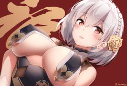 Rule 34 | 1girl, azur lane, bare shoulders, braid, breast curtains, breasts, cleavage, closed mouth, covered erect nipples, flower, french braid, gold trim, hair flower, hair ornament, haruka poi, highres, large breasts, looking at viewer, no bra, official alternate costume, red eyes, short hair, sirius (azur lane), sirius (azure horizons) (azur lane), sleeveless, solo, upper body, white hair