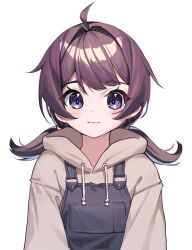 Rule 34 | 1girl, ahoge, brown hair, brown hoodie, closed eyes, commentary request, djmax, djmax respect, highres, hood, hoodie, iznal, korean commentary, looking at viewer, low twintails, overalls, play (djmax), purple eyes, short hair, simple background, smile, solo, twintails, upper body, white background