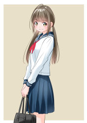 Rule 34 | 1girl, bag, between legs, black eyes, black skirt, bow, bowtie, from side, hand between legs, holding, holding bag, light brown hair, low twintails, original, red bow, red bowtie, sailor collar, school bag, school uniform, skirt, smile, solo, twintails, upper body, yamanaka kouji (yanchiki2001)