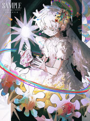 Rule 34 | 1girl, abstract, angel, angel wings, commentary request, commission, dress, feathered wings, floating hat, flower, frills, hair flower, hair ornament, highres, multicolored clothes, multicolored eyes, multicolored headwear, original, orniflop, psychedelic, sample watermark, short hair, short sleeves, solo, watermark, white dress, white hair, white wings, wings