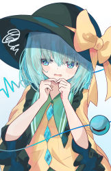Rule 34 | 1girl, 5nikorai, aqua eyes, blouse, blush stickers, bow, bright pupils, cardiogram, commentary request, eyeball, fingers together, flat chest, frills, green hair, hair between eyes, hat, hat bow, heartbeat, highres, komeiji koishi, looking away, looking to the side, medium hair, nervous, open mouth, shirt, simple background, sleeves past elbows, solo, squiggle, third eye, touhou, upper body, wavy mouth, white background, white pupils, wide sleeves, yellow bow, yellow shirt