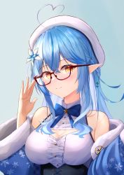 Rule 34 | absurdres, adjusting eyewear, ahoge, bare shoulders, beret, blouse, blue background, blue bow, blue coat, blue hair, blush, bow, braid, breasts, center frills, closed mouth, coat, commentary request, corset, elf, flower, frilled shirt, frills, fur-trimmed coat, fur trim, glasses, hair between eyes, hair flower, hair ornament, half updo, hand up, hat, heart, heart ahoge, highres, hololive, large breasts, long hair, long sleeves, multicolored hair, off shoulder, pointy ears, print coat, shirt, sidelocks, simple background, sleeveless, sleeveless shirt, smile, snowflake print, solo, streaked hair, suiran (liquiddoes), virtual youtuber, white flower, white hat, white shirt, wide sleeves, yellow eyes, yukihana lamy
