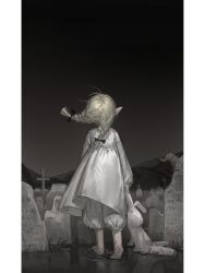 Rule 34 | 1girl, absurdres, aged down, barefoot, black sky, blonde hair, bow, braid, child, clear sky, cross, dirty, dirty feet, dungeon meshi, elf, facing away, floating hair, from behind, full body, graveyard, hair bow, highres, hill, holding, holding stuffed toy, huang du du, long sleeves, marcille donato, medium hair, night, night sky, nightgown, outdoors, pillarboxed, pointy ears, reflection, reflective water, sky, solo, stuffed animal, stuffed rabbit, stuffed toy, tombstone, twin braids, walking, water, white nightgown