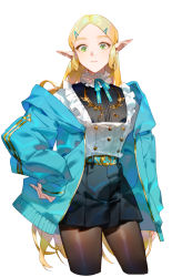 Rule 34 | 1girl, absurdres, alternate costume, belt, black skirt, blonde hair, blue jacket, blue ribbon, brown pantyhose, closed mouth, contemporary, cropped legs, forehead, frills, green eyes, hair ornament, hairclip, highres, jacket, long hair, long sleeves, looking at viewer, miniskirt, neck garter, neck ribbon, nintendo, open clothes, open jacket, pantyhose, parted bangs, pointy ears, princess zelda, ribbon, simple background, skirt, sleeves past wrists, solo, straight hair, tefco, the legend of zelda, the legend of zelda: breath of the wild, white background
